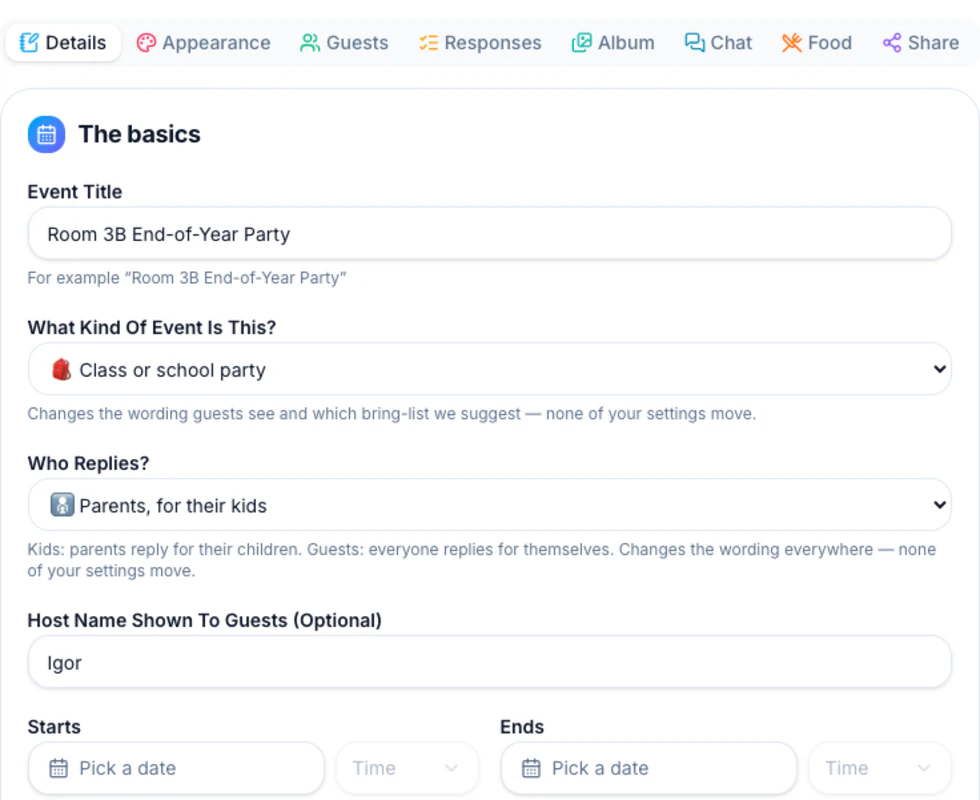 Build the invite — Party RSVP screenshot