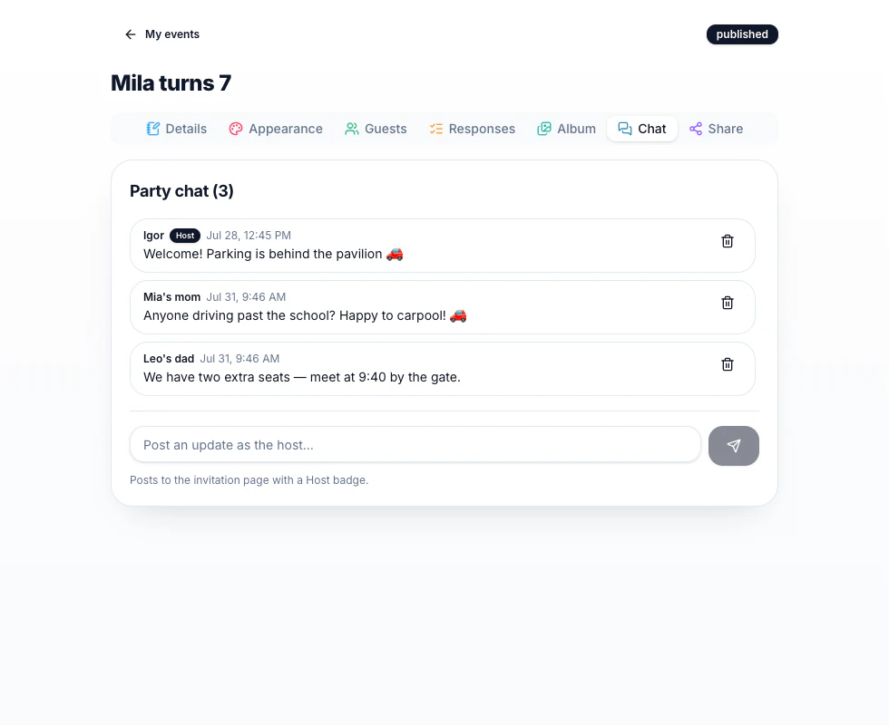 Party chat in Party RSVP