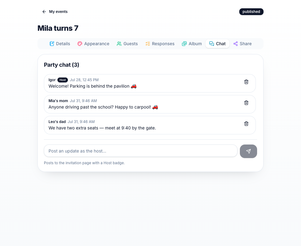 Party chat in Party RSVP