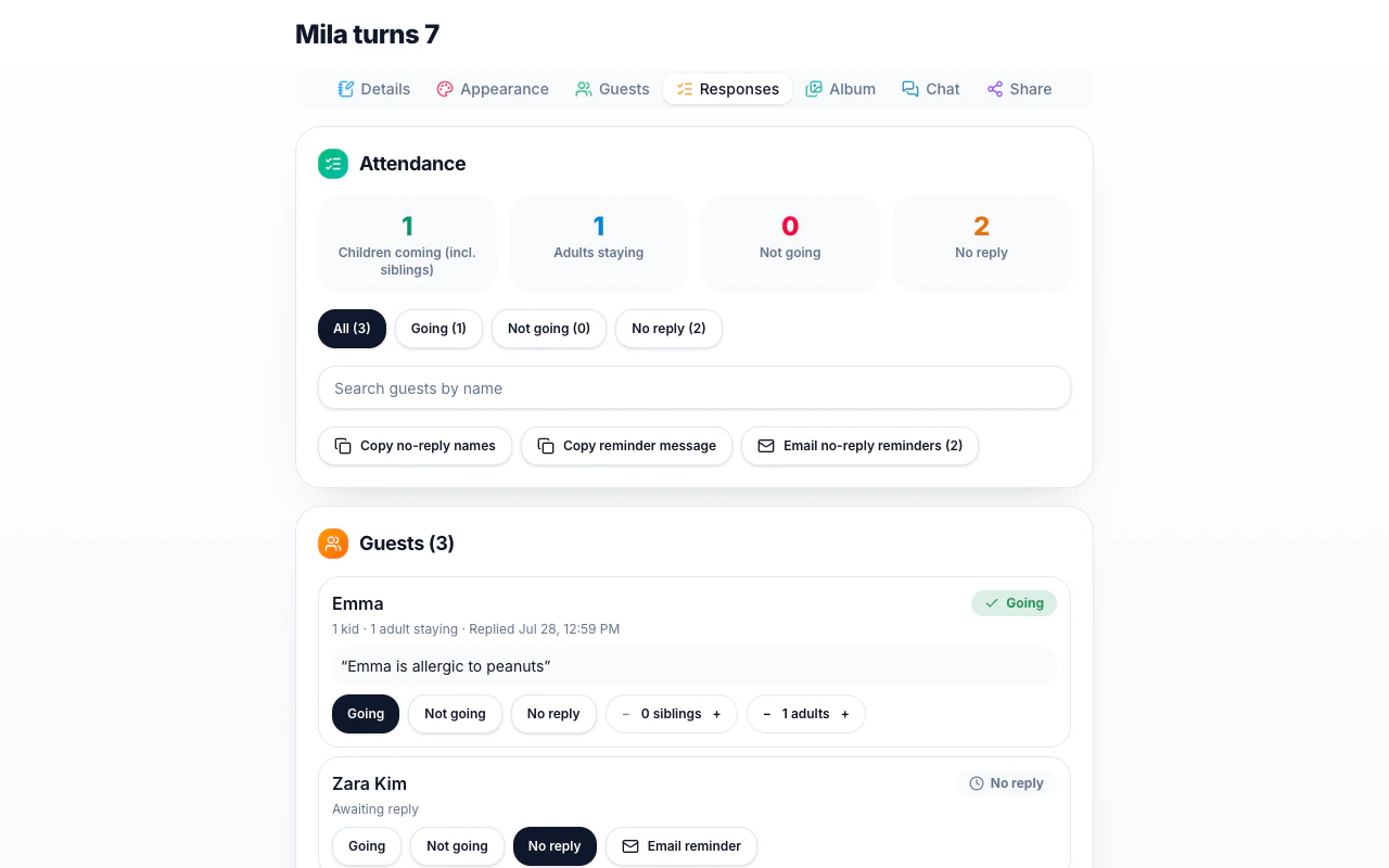 The event editor tracking attendance, with per-guest replies and reminder buttons