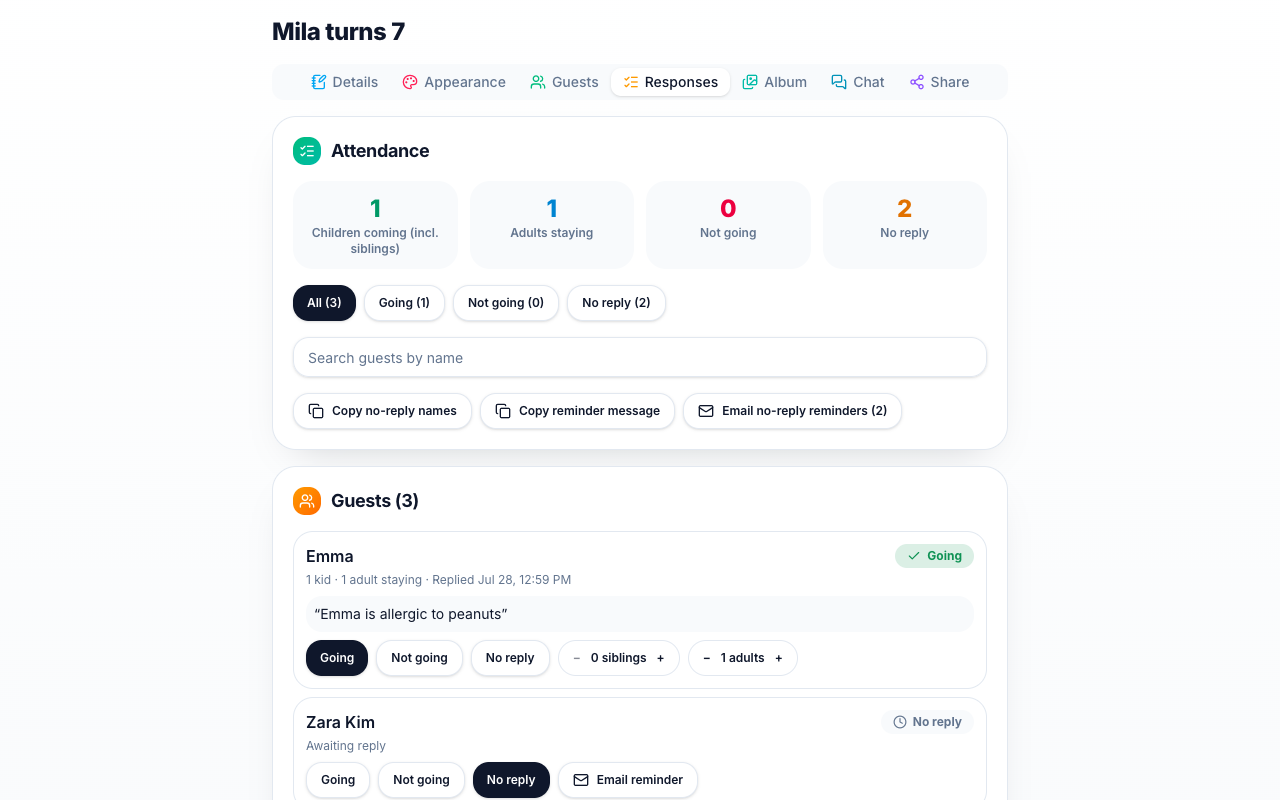 The event editor tracking attendance, with per-guest replies and reminder buttons