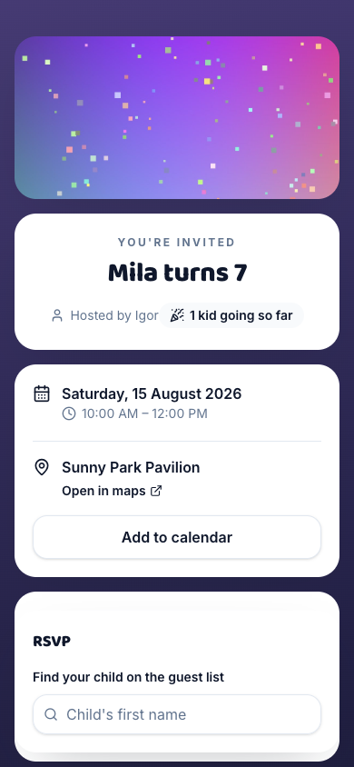 A party invitation page on a phone