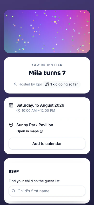 A party invitation page on a phone