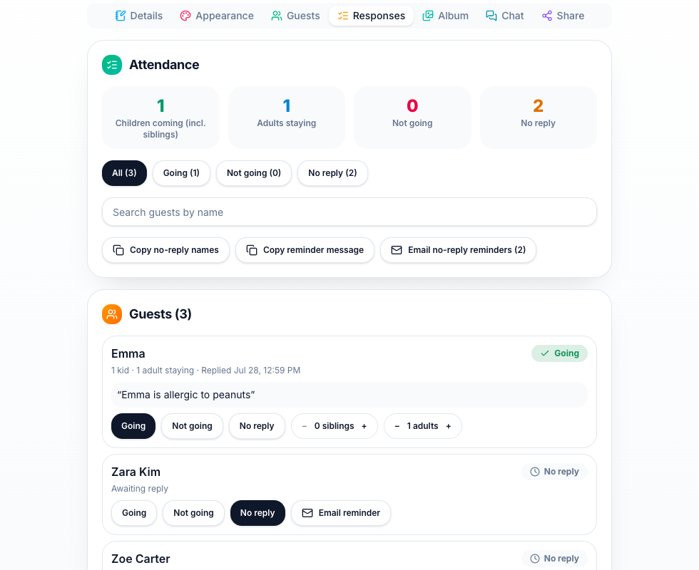 RSVP tracking in Party RSVP